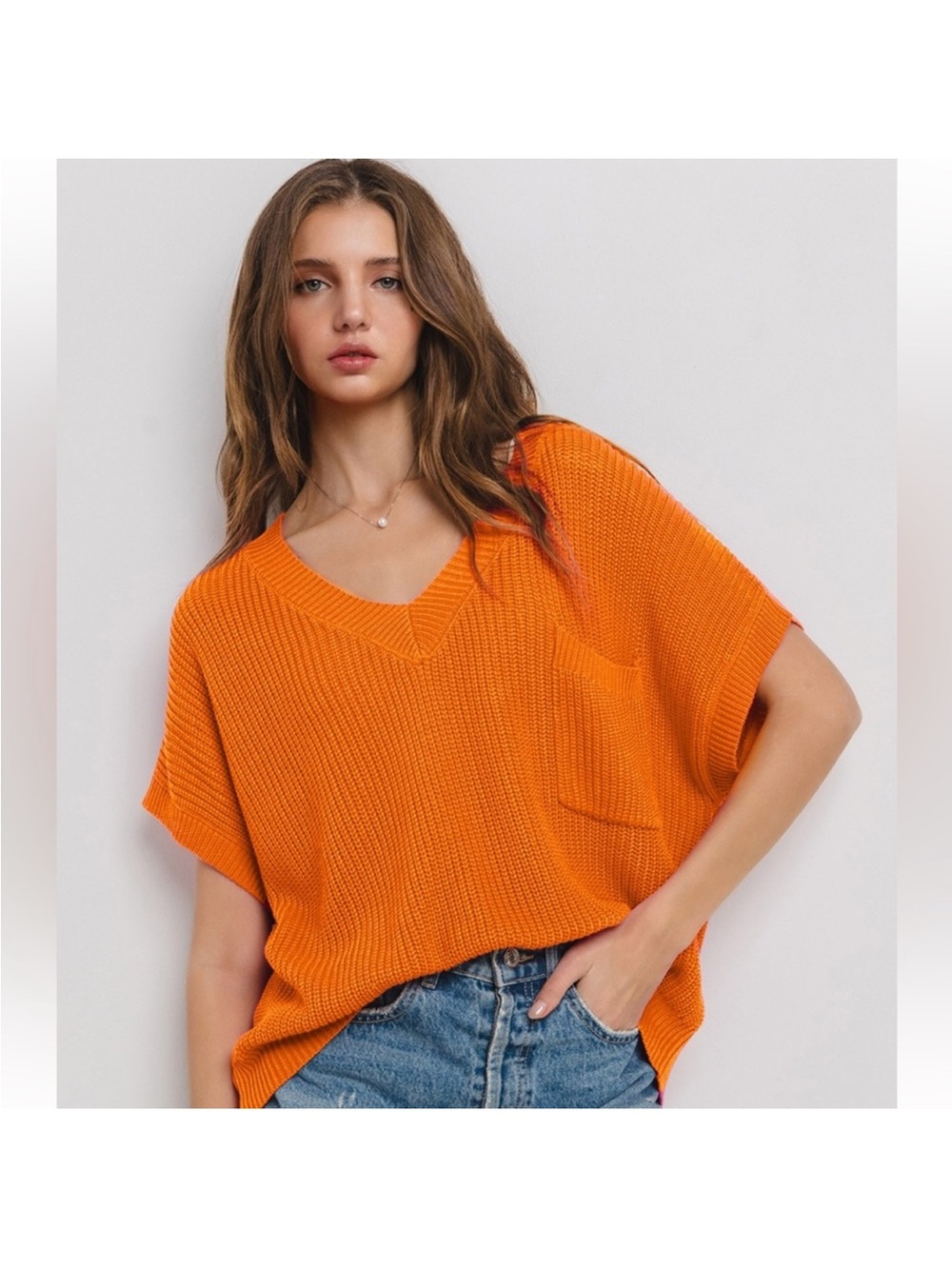 Vibrant Orange V-Neck Short Sleeve Sweater with pocket